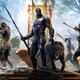 Marvel hero Black Panther stands proudly in front of his throne with a large cat and several spear-wielding Wakandan warriors.